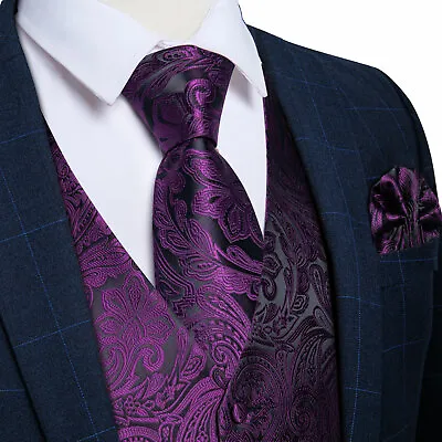 $19.66 • Buy Mens Waistcoat Vest Suit Black Blue Red Silver Floral Paisley Necktie Hanky Set