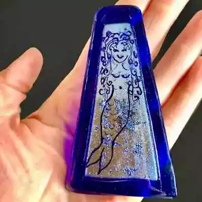 Vintage Fused Glass Mermaid Brooch Art Pin Matisse Style Cobalt Blue Silver • $21.87