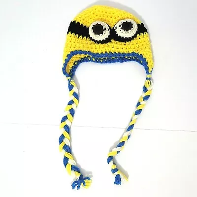 Baby 6-12 Months Blue Minion Brown Eyes Handmade Crochet Beanie Hat W/ Earflaps • $11.99