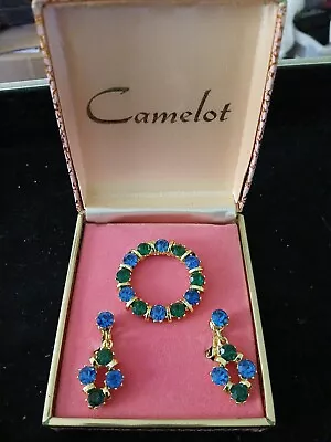 Vintage Camelot Rhinestone Brooch And Clip Earrings Gold Set With Blue Stones • $15