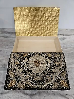Vintage Beaded Floral Black Velvet Clutch Purse Bag Handbag Made In India Gold • $9.99
