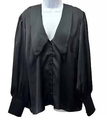 NWT Eloquii Blouse Women's 18 Black Satin Dramatic Point Collar Button Front • $25.46