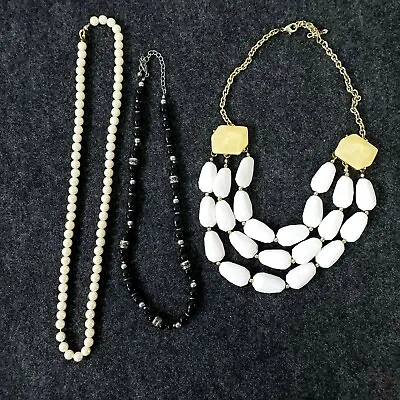 3 Costume Jewelry Necklace Lot Black Faux Pearls Gold + Vintage • $12