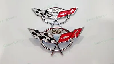 2PC Chrome Front Rear 50Th Anniversary Cross Flags Emblems 1997-2004 C5 Corvette • $34.80