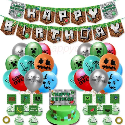 $6.95 • Buy Minecraft Happy Birthday Banner Balloon Cake Topper Party Set AU STOCK