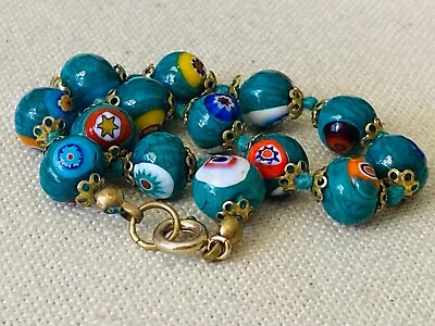 Vintage Millefiori Venetian Murano Green Colorful Art Glass Bracelet 8  • $29.99