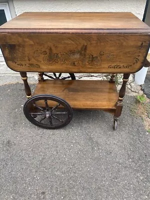 Vintage Wooden Tea Cart W/drop Leaf Draw And Rolling Wheels • $115