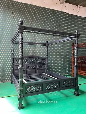 UK King Size 5' Mahogany Floral Four Poster Mahogany Bed Frame Gothic Dead Black • £1999