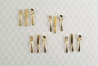 Dollhouse Miniature Gold Flatware Fork Spoon Knife 4 Place Settings 1:12 Scale • $5.50