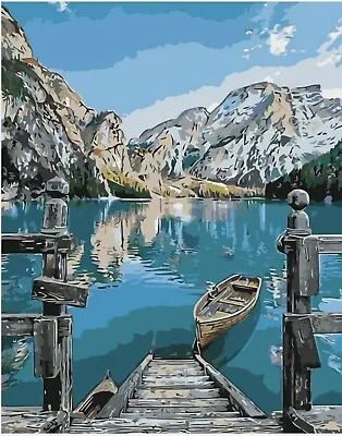 Painting By Numbers Kit 16x20 Inch Canvas Picture Acrylic. Mountain Lake Boat • £3.95