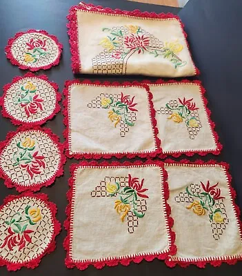 Lot: 12 Vintage  Hand Embroidered Linen Lace Napkins Doilies Placemats Floral  • $36