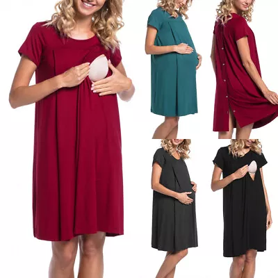 US Maternity Women Pregnant Nursing Dress Loose Short Sleeve Breastfeeding Dress • £12.99