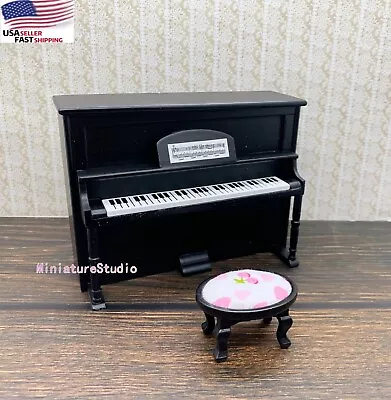 Dollhouse Miniature BLACK Wooden Display Prop Upright Piano With Bench Toy Decor • $15.25