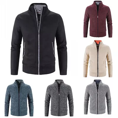UK Zip Up Cardigan Warm Jumper Outerwear Winter Mens Fleece Lined Cable Knitted • £15.59