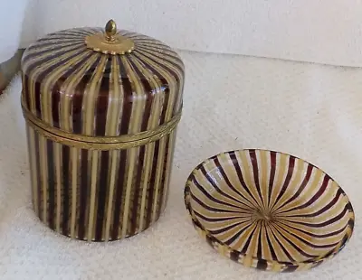 RARE Murano Italy Ribbons Stripes Gold Maroon Glass Canister Hinged Box And Bowl • $425