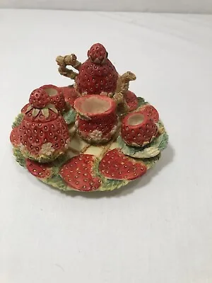 Vintage 90s STRAWBERRY Mini Tea Set Popular Imports Plates Pot Pitcher Cups 1996 • $22.09