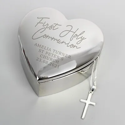 £13.49 • Buy Personalised First Holy Communion Heart Trinket Box & Cross Necklace Gift 1st