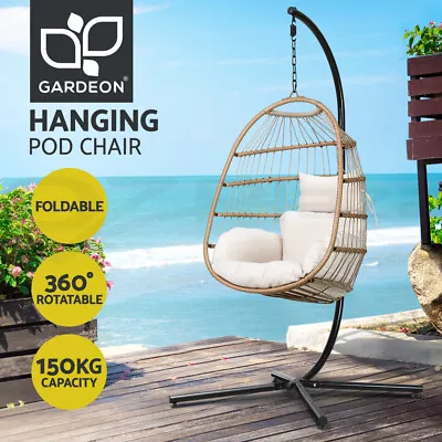 Gardeon Outdoor Egg Swing Chair Wicker Rope Furniture Pod Stand Foldable Yellow • $229.95