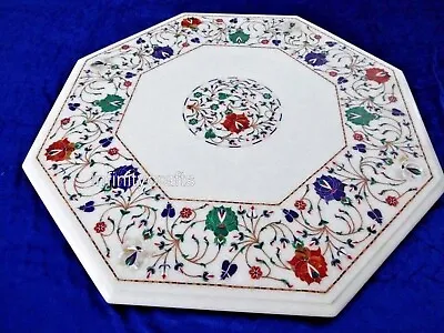 Gemstone Inlay Work Bed Side Table Top White Marble Coffee Table With Royal Look • £598.91