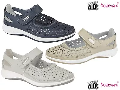 Ladies Wide Fit EEE Bar Action Leather Touch Fastening Punched Hole Casual Shoes • £20.75