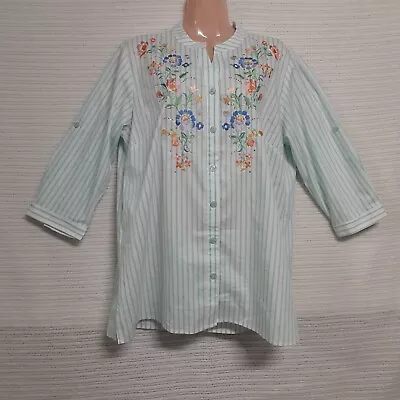 Quacker Factory Women Embroidered Top Blouse Shirt Size M White Striped Cotton • $20.50