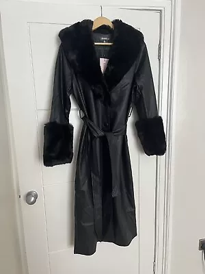 BNWT Missguided Faux Leather Sexy Trench Coat Size 6 Faux Fur Cuffs Collar Black • £29.99