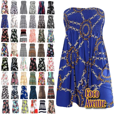 £13.95 • Buy Ladies Strapless Printed Top Sheering Gather Bandeau Boobtube Flared Mini Dress