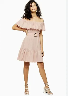 £0.99 • Buy Topshop Ruffle Bardot Off The Shoulder Linen Dress Size 12 Tall Pink