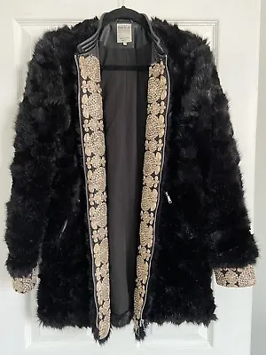 $42.69 • Buy Zara Black Faux Fur Going Out Jacket Coat Gold Embroidered Lapels & Cuffs Size M
