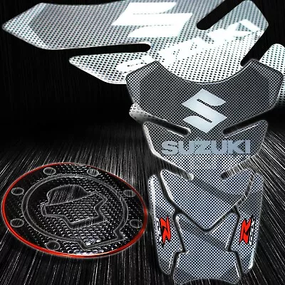 Reflective Logo Carbon Look Tank Pad+Chrome Red Fuel Cap Cover Sticker 96+ GSXR • $29.98