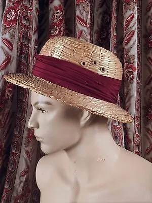 Antique Edwardian Light Woven Straw Safari Pith Helmet W Silk Band • $145