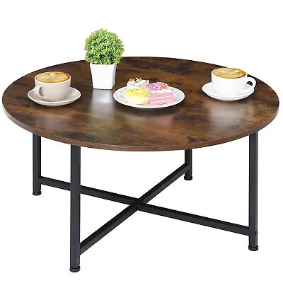 Modern Round Wooden Coffee Table Ashwood Decorative Top With X Metal Frame Legs  • $48.58