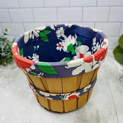 Vintage Small Fabric Lined Bushel Basket Split Slat Wood Retro Flower Power • $22.99