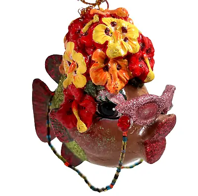 Katherine's Collection Kissing Fish Ornament Hawaiian Flower Hat Glasses Tag R • £19.45