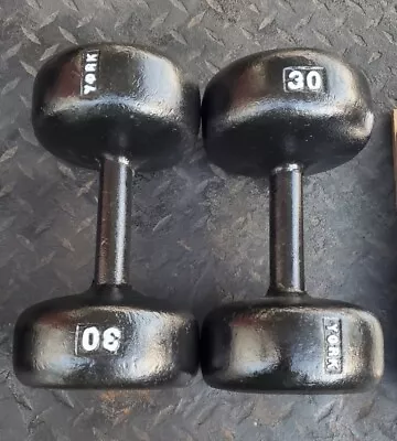 York Barbell Dumbbell 30 Pound Buns Rare Vintage Globe Roundhead • $375