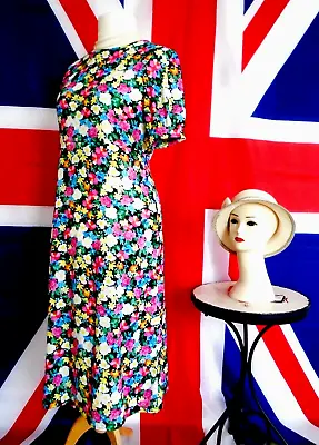 Vintage Retro 1940`s Wartime  Style Bright  Floral Tea  /day  Dress Size 12 • £7.99