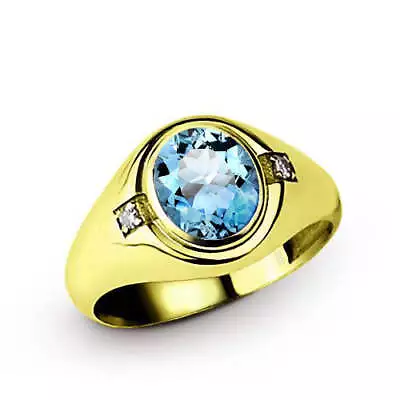 Aquamarine Men's Ring With 2 Diamond Accents In 14K Yellow Gold • $689