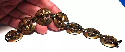 Copper Toned Fleur De Lis Disc Link Bracelet Vintage 7 1/2 Inches • $40