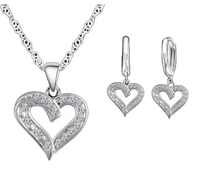 925 Sterling Silver Heart Necklace Pendant And Earring Set Crystal Rhinestones  • £4.99