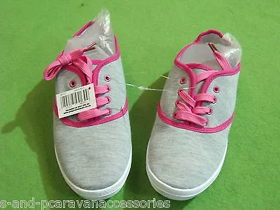 Ladies Girls Grey Canvas Shoes Rubber Pump Lace Up Flat Trainers Deck 3 Uk • £7.99