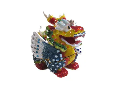 $22.50 • Buy Bejeweled Qilin Chinese Dragon Hinged Metal Enameled Rhinestone Trinket Box
