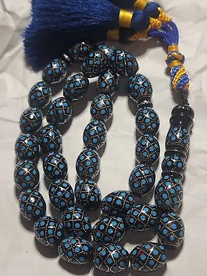 Prayer Beads Black Coral Yusr Islamic Inliad Silver Masbaha مسبحه يسر روعه • $450