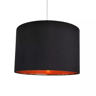 Modern Black Faux Silk Drum Ceiling Light Shade Easy Fit Pendant W/ Copper Inner • £15.99