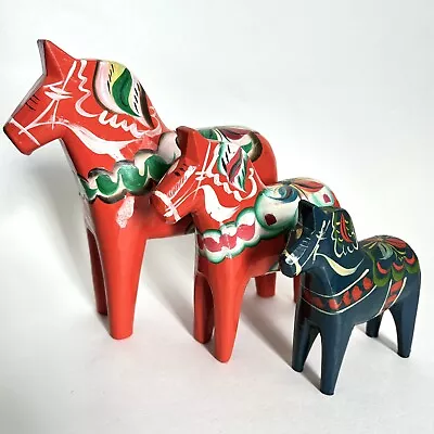 3 Dala Horses Nils Olsson Alta Dalahemslojd 7” 5” 4”Red Blue Wood Hand Painted • $75