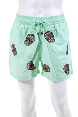 Les Canebiers Mens Long Embroidered Skull Swim Shorts Mint Green Size Extra Larg • $19.99