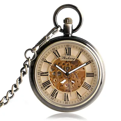 Men's Automatic Self Winding Pocket Watch Silver Open Face Design With Fob Chain • £21.59