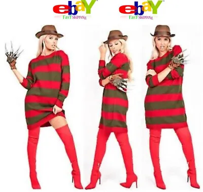 £11.85 • Buy Women's Halloween Horror Freddy Kruger Style  Red Green Stripe Knitted Jumper