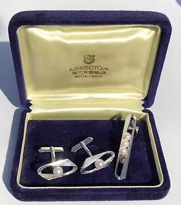 K Mikimoto Silver Cufflinks Akoya Pearl Tie Bar Cuff Link Set • $134.99