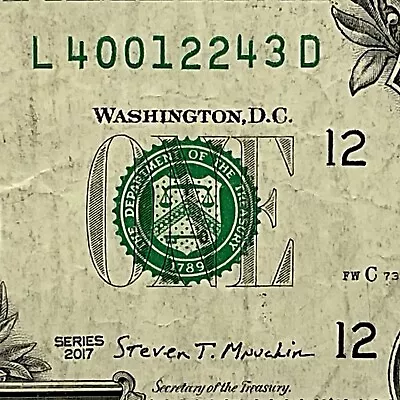 Quinary Fancy Serial Number One Dollar Bill L40012243D FW Only 0s 1s 2s 3s 4s • $3.95