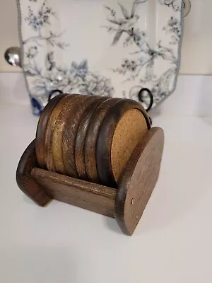 Vintage Wooden & Cork Mid Century Modern Wood Bar Drink Coasters 7 • $15.99